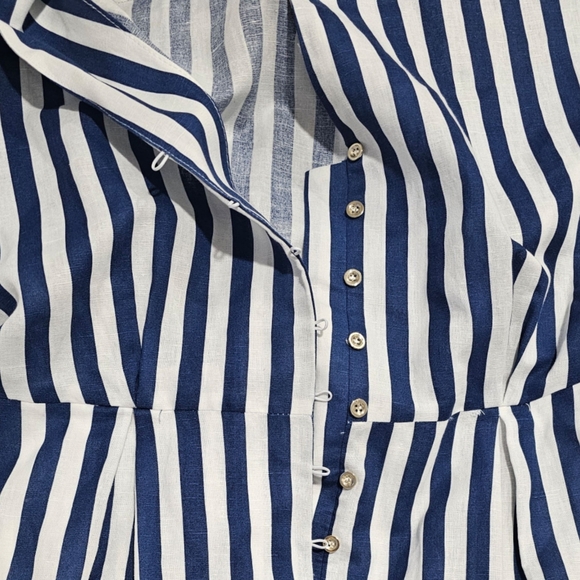 Zara Navy White Striped Linen Blend  Belted Midi Dress - Picture 7 of 9
